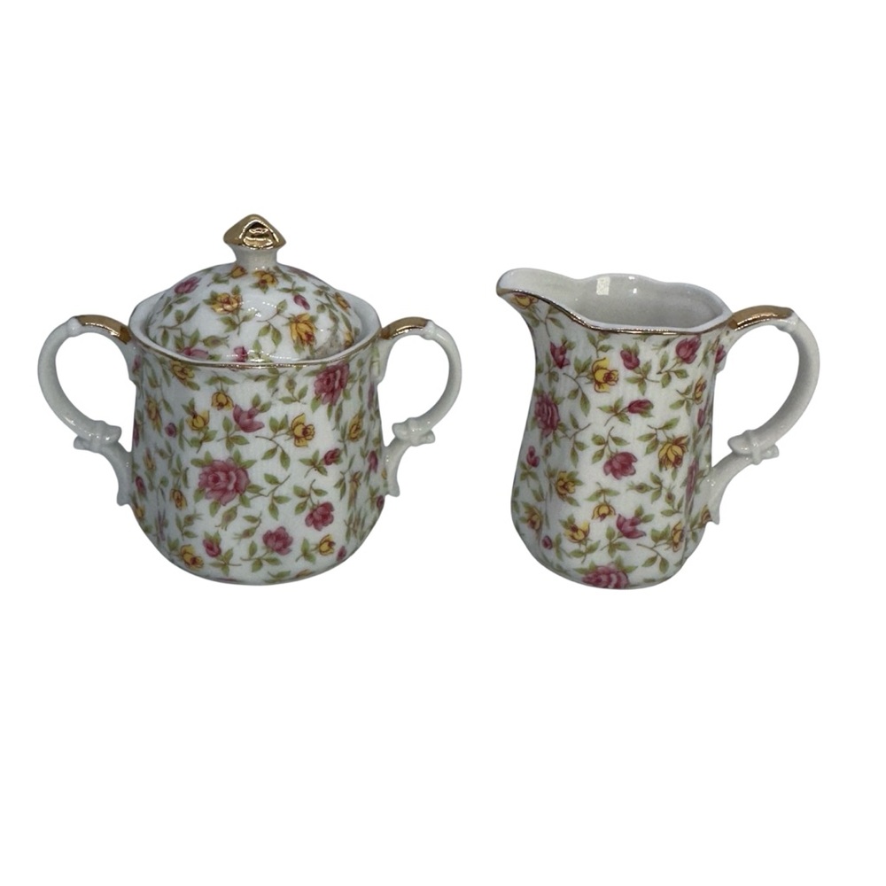 Vintage Chintz Sugar Bowl and Creamer Topline Imports Japan Marked - 24/466